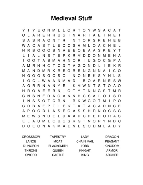 Medieval Stuff Word Search Puzzle