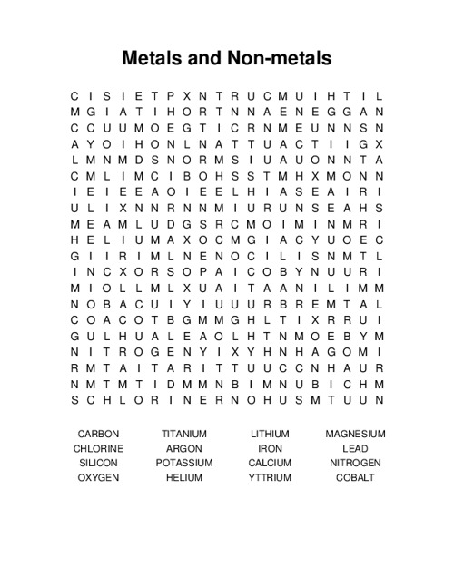 Metals and Non-metals Word Search Puzzle