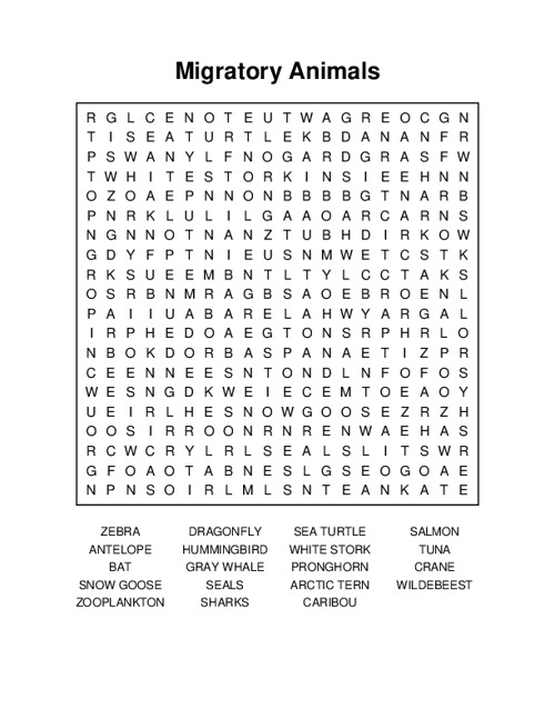 Migratory Animals Word Search Puzzle