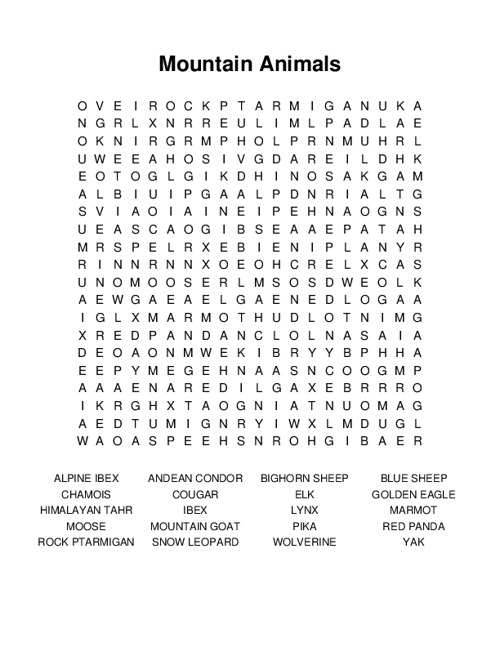 Mountain Animals Word Search Puzzle