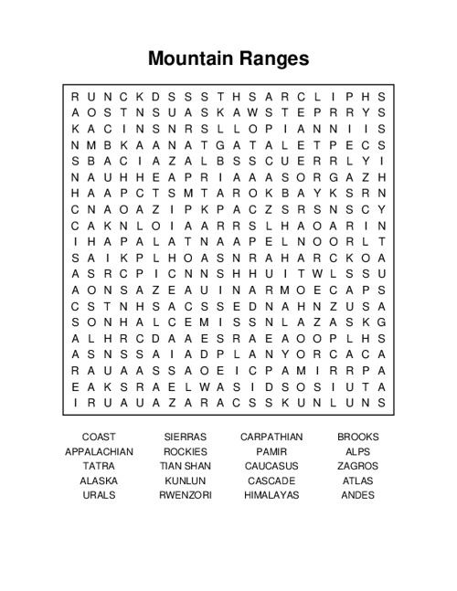 Mountain Ranges Word Search Puzzle