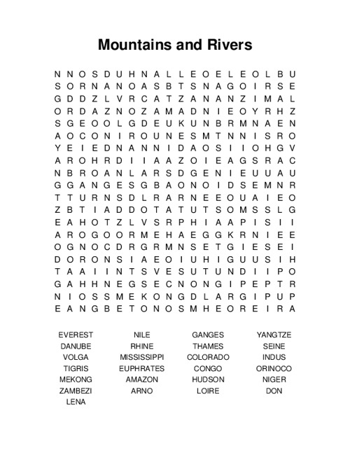 Mountains and Rivers Word Search Puzzle