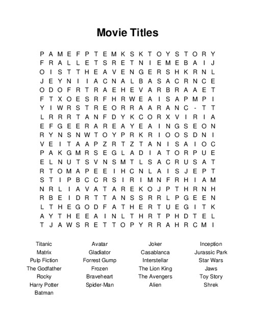 Movie Titles Word Search Puzzle