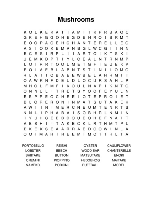 Mushrooms Word Search Puzzle