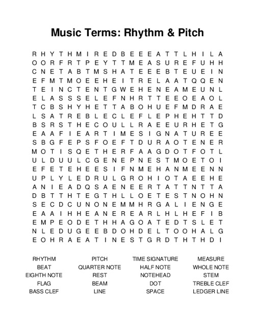 Music Terms: Rhythm & Pitch Word Search Puzzle