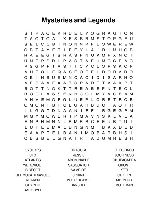 Mysteries and Legends Word Search Puzzle