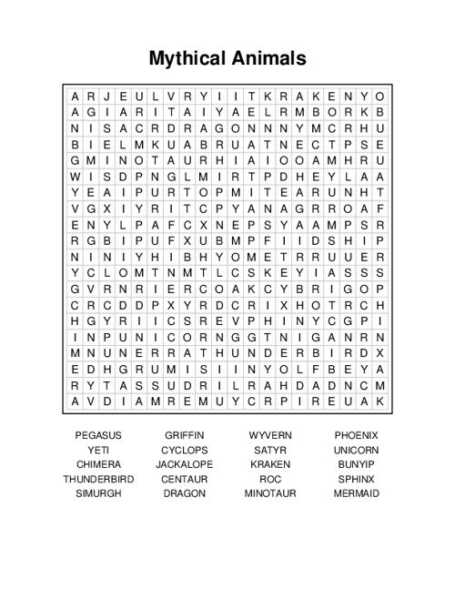 Mythical Animals Word Search Puzzle