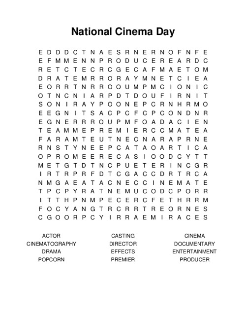 National Cinema Day Word Search Puzzle