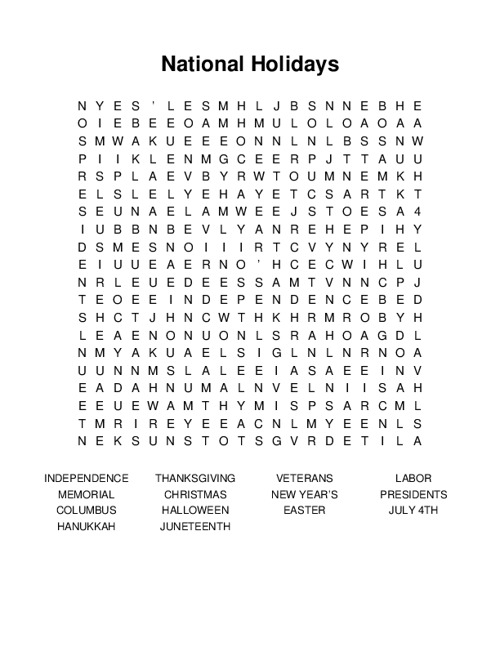 National Holidays Word Search Puzzle