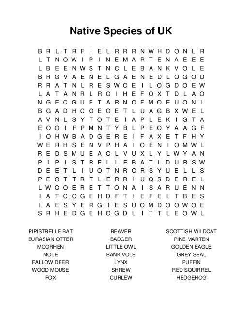 Native Species of UK Word Search Puzzle