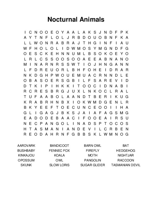 Nocturnal Animals Word Search Puzzle