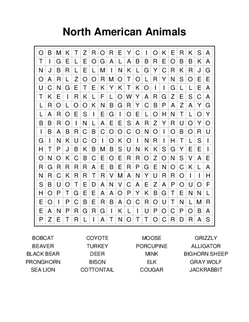 North American Animals Word Search Puzzle