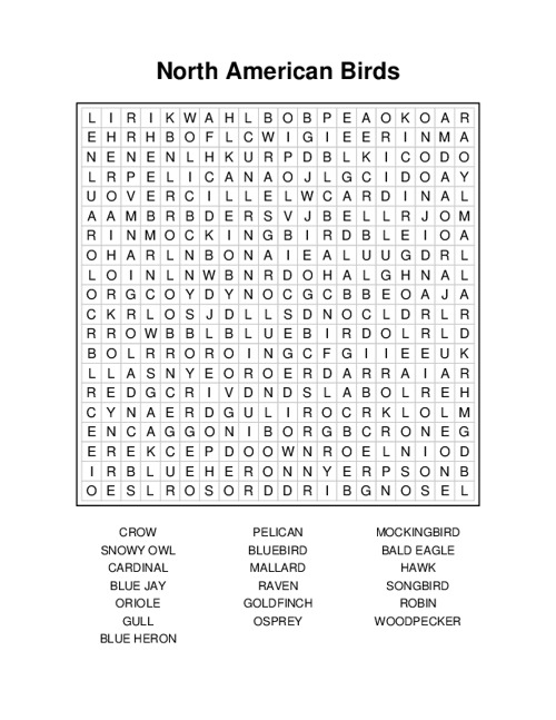 North American Birds Word Search Puzzle