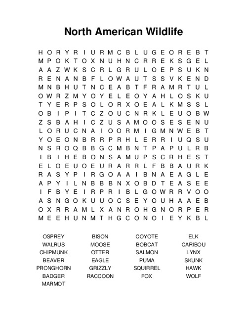 North American Wildlife Word Search Puzzle