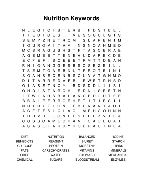 Nutrition Keywords Word Search Puzzle