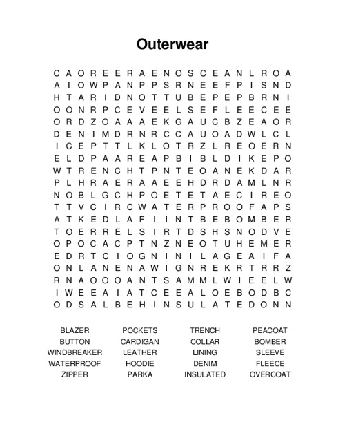 Outerwear Word Search Puzzle