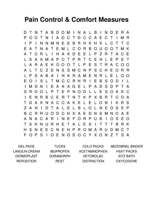 Pain Control & Comfort Measures Word Search Puzzle