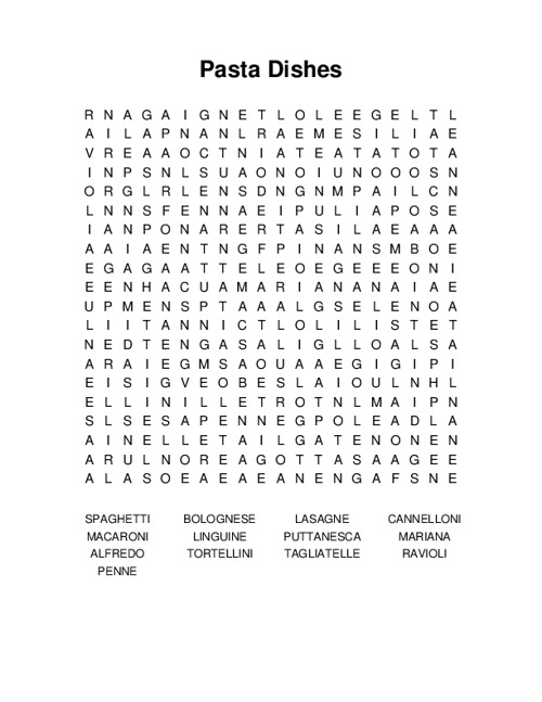 Pasta Dishes Word Search Puzzle