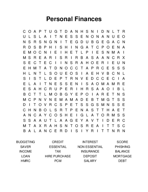 Personal Finances Word Search Puzzle