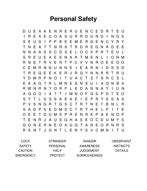 Personal Safety Word Search Puzzle