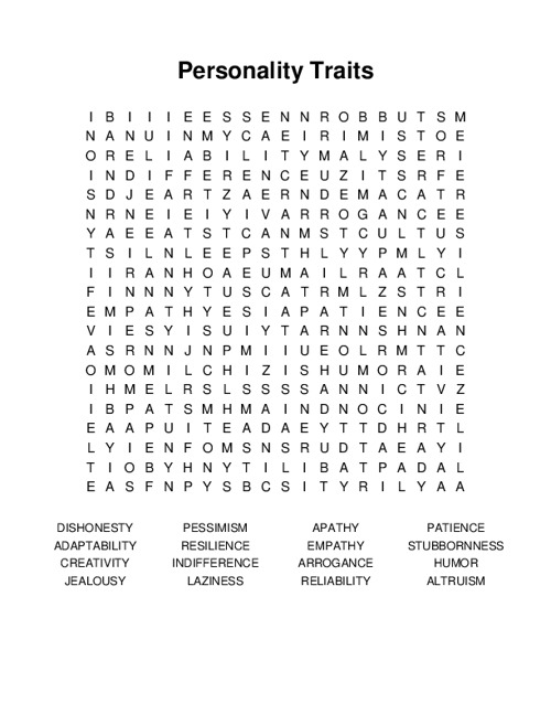 Personality Traits Word Search Puzzle