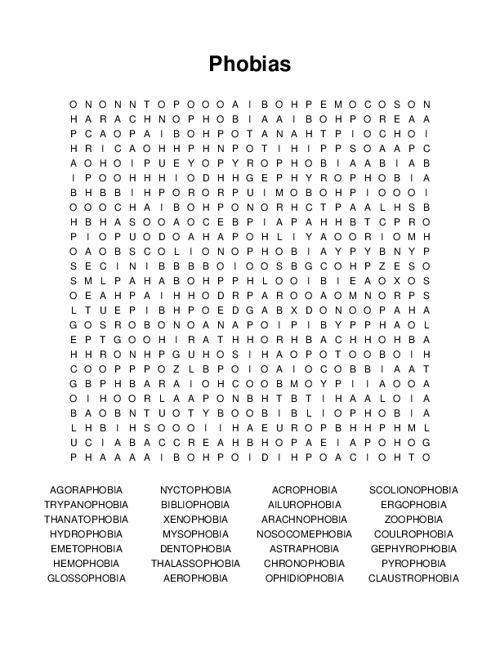 Phobias Word Search Puzzle