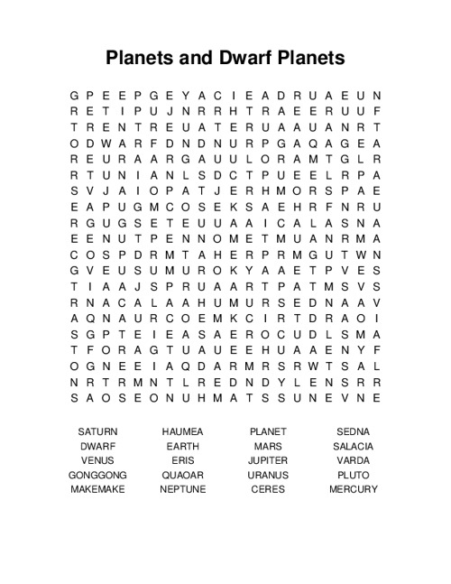 Planets and Dwarf Planets Word Search Puzzle