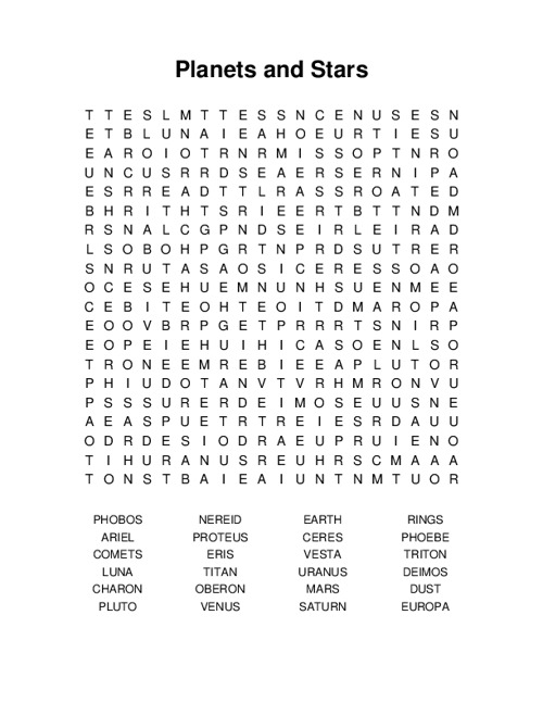 Planets and Stars Word Search Puzzle