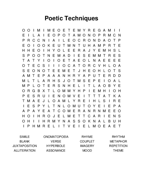 Poetic Techniques Word Search Puzzle