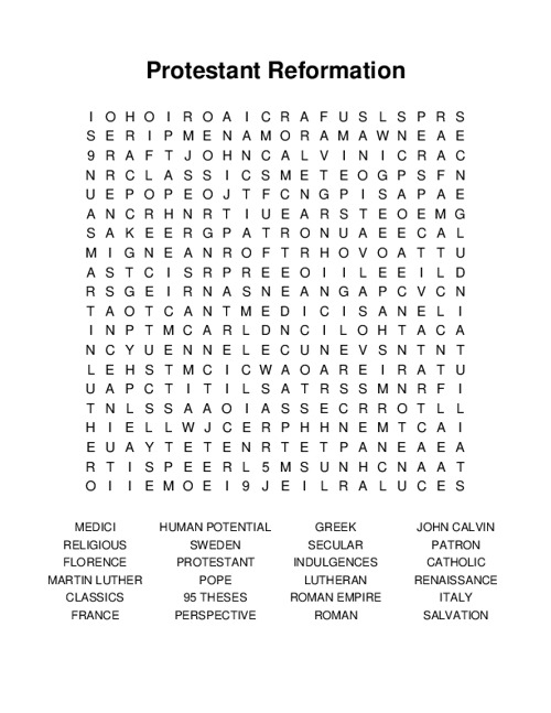 Protestant Reformation Word Search Puzzle