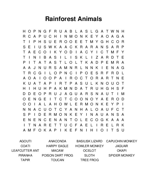 Rainforest Animals Word Search Puzzle