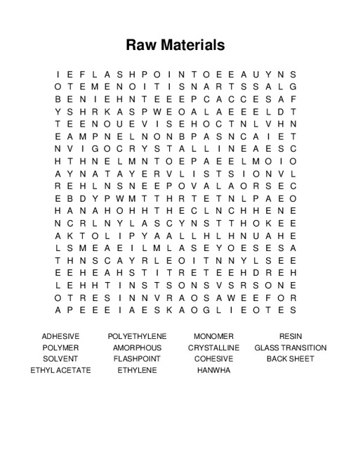 Raw Materials Word Search Puzzle