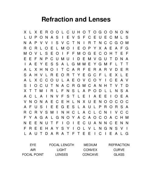 Refraction and Lenses Word Search Puzzle