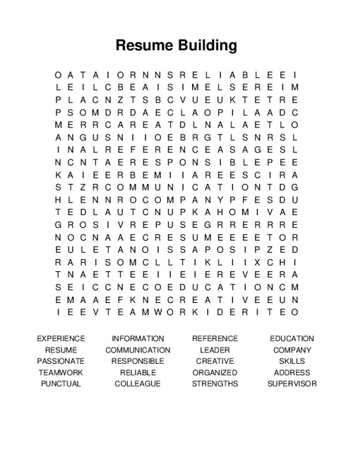 Resume Building Word Search Puzzle