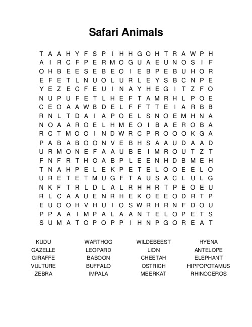 Safari Animals Word Search Puzzle