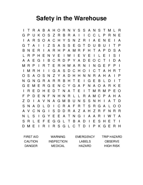 Safety in the Warehouse Word Search Puzzle