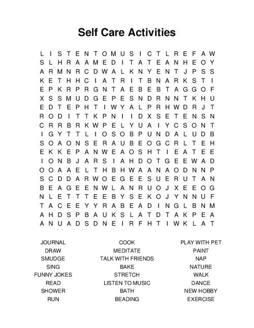 Self Care Activities Word Search Puzzle