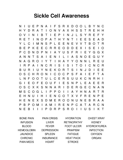 Sickle Cell Awareness Word Search Puzzle