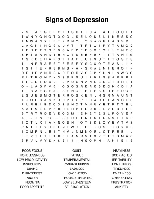 Signs of Depression Word Search Puzzle