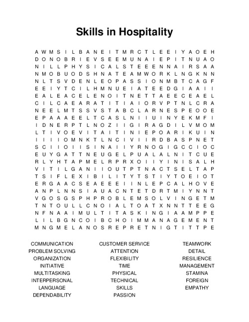 Skills in Hospitality Word Search Puzzle