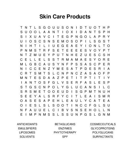 Skin Care Products Word Search Puzzle