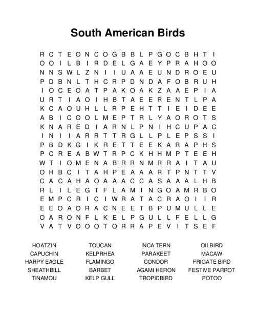 South American Birds Word Search Puzzle