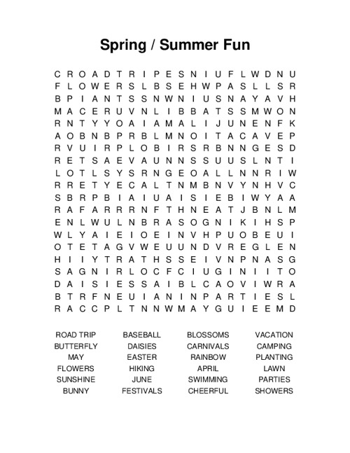 Spring / Summer Fun Word Search Puzzle