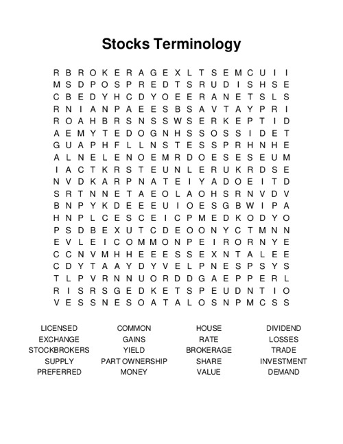 Stocks Terminology Word Search Puzzle