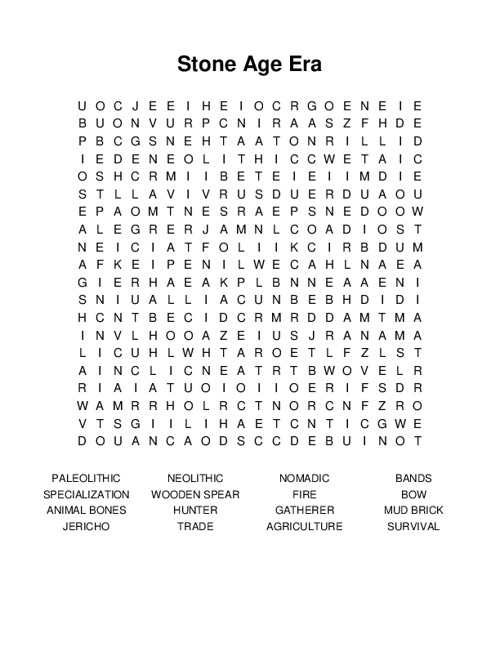 Stone Age Era Word Search Puzzle