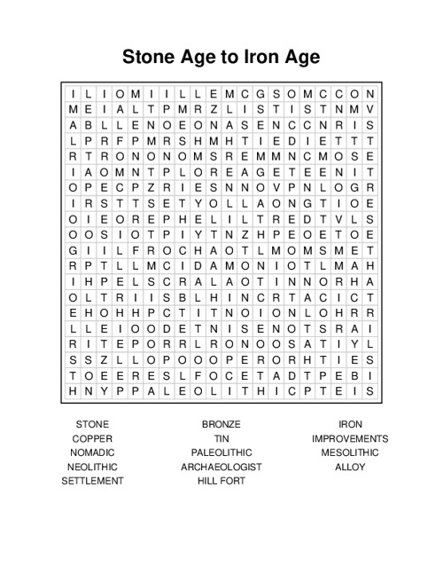 Stone Age to Iron Age Word Search Puzzle