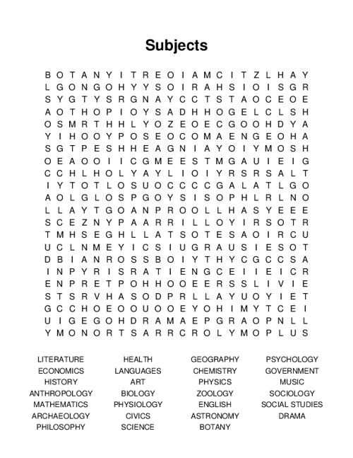 Subjects Word Search Puzzle