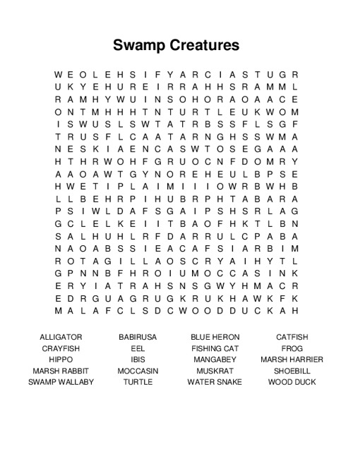 Swamp Creatures Word Search Puzzle