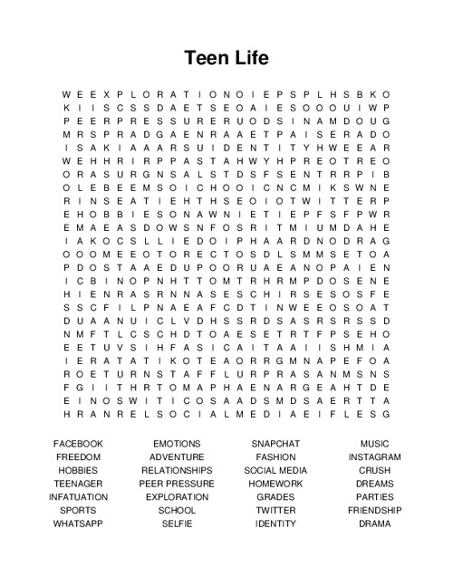 Teen Life Word Search Puzzle