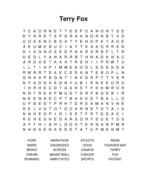 Terry Fox Word Search Puzzle